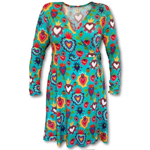 Muse Threads Big Humans Milagro Hearts Women’s Lounge Wrap Dress medium bamboo - Picture 2 of 4